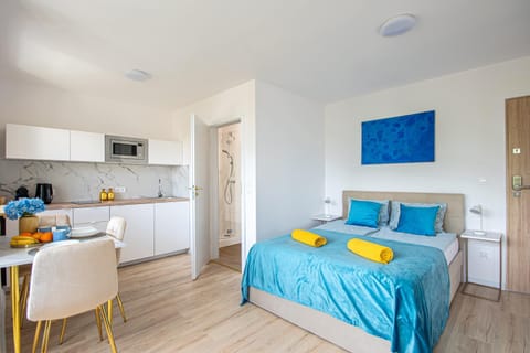 Shower, Bed, Bathroom, Kitchen or kitchenette, Living room, Photo of the whole room, Seating area, Dining area, Bedroom, microwave, oven, stove