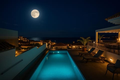 Night, Natural landscape, Pool view, Swimming pool, sunbed
