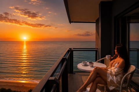 Patio, People, Natural landscape, View (from property/room), Balcony/Terrace, Living room, Seating area, Dining area, Sea view, Sunrise, Sunset, group of guests