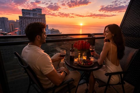 Patio, People, Natural landscape, View (from property/room), Balcony/Terrace, Food and drinks, Dining area, Food, Guests, City view, Sea view, Drinks, Alcoholic drinks, Sunrise, Sunset, group of guests