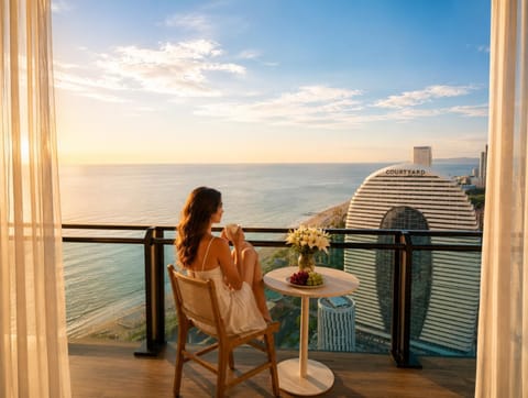 Patio, Day, People, Natural landscape, View (from property/room), Balcony/Terrace, Dining area, Beach, Sea view, group of guests
