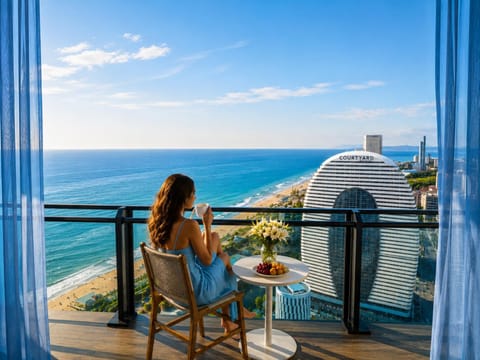 Patio, Nearby landmark, Day, People, Natural landscape, View (from property/room), Balcony/Terrace, Dining area, Beach, Sea view, group of guests
