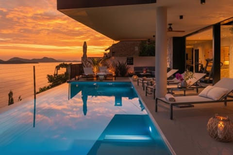 Pool view, Sea view, Swimming pool, Sunset, sunbed