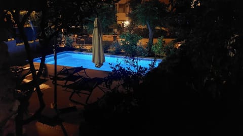 Night, Pool view, Swimming pool, sunbed