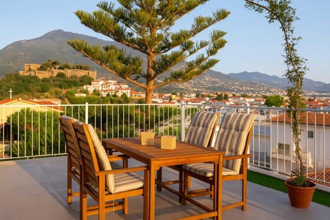 Property building, Patio, Day, Natural landscape, View (from property/room), Balcony/Terrace, Dining area, Mountain view, Sea view