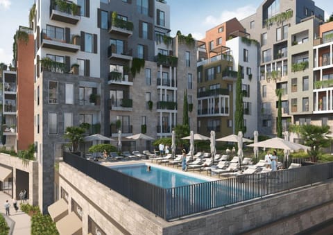 Property building, Pool view, Swimming pool, sunbed
