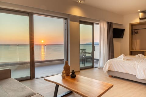 Communal lounge/ TV room, Bed, Natural landscape, View (from property/room), Balcony/Terrace, Photo of the whole room, Bedroom, Sea view, Sunrise, towels