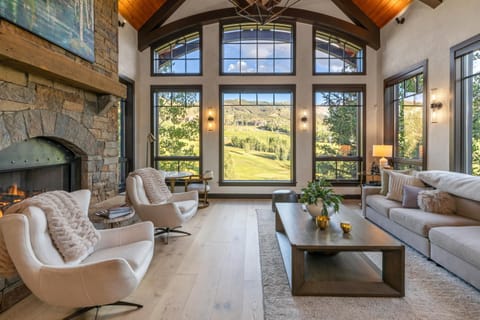 Natural landscape, Living room, Seating area, Garden view, fireplace