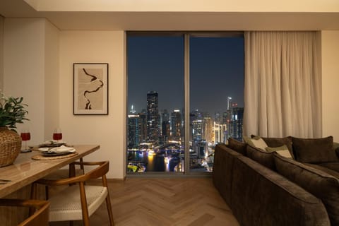 Night, Living room, Seating area, Dining area, City view