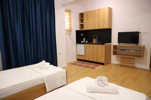 Bed, TV and multimedia, Kitchen or kitchenette, Photo of the whole room, Bedroom, towels