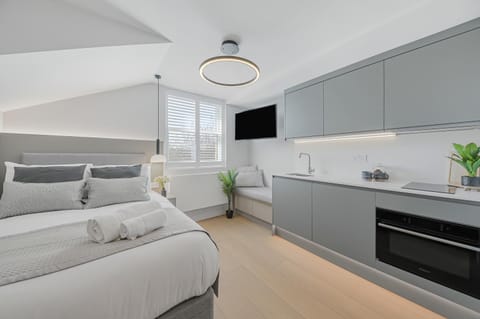 Bed, TV and multimedia, Kitchen or kitchenette, Photo of the whole room, Seating area, Bedroom, heating