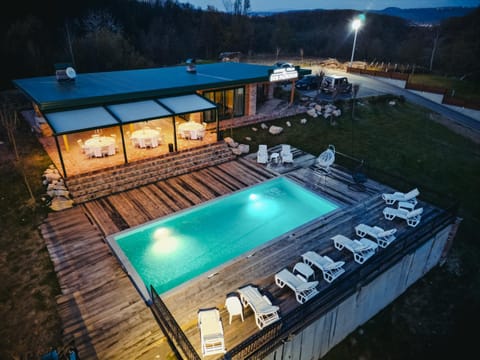 Property building, Patio, Night, Swimming pool