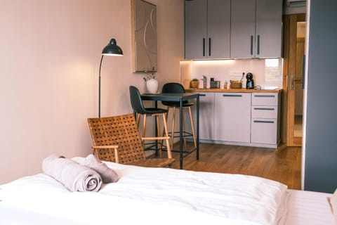 Bed, Kitchen or kitchenette, Living room, Photo of the whole room, Seating area, Bedroom, minibar, pet friendly, stove, towels