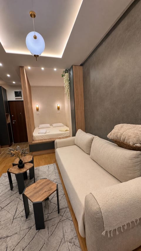 Bed, Living room, Seating area