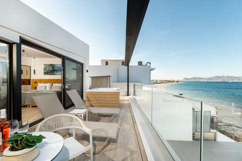 Property building, Patio, Day, View (from property/room), Balcony/Terrace, Beach, Sea view