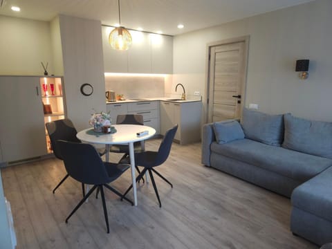 Kitchen or kitchenette, Living room, Seating area, Dining area