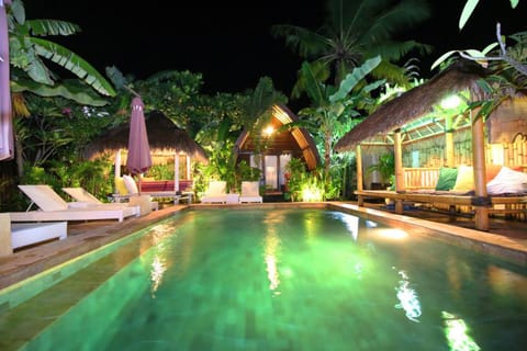 Property building, Night, Garden, View (from property/room), Garden view, Pool view, Swimming pool, Time of day