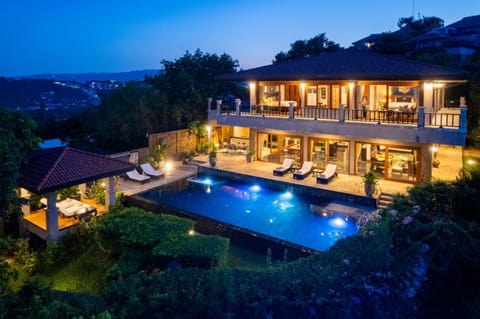 Property building, Patio, Night, Natural landscape, Bird's eye view, Pool view, Swimming pool, sunbed