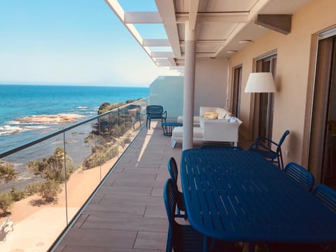 Property building, Patio, Day, Natural landscape, View (from property/room), Balcony/Terrace, Balcony/Terrace, Dining area, Beach, Sea view