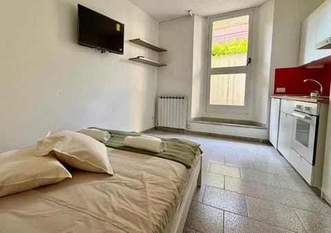 Bed, TV and multimedia, kitchen