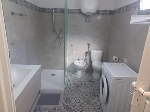 Shower, Toilet, towels, washing machine