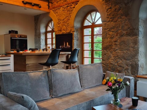 Kitchen or kitchenette, Living room, Seating area, Dining area, fireplace