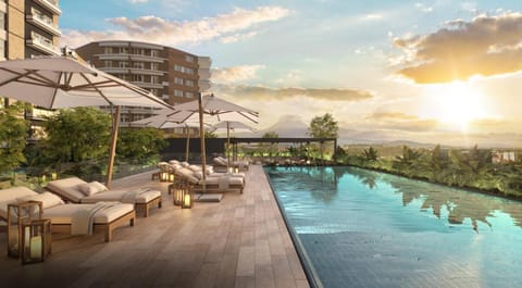 Property building, Nearby landmark, View (from property/room), Balcony/Terrace, Mountain view, Pool view, Swimming pool, Swimming pool, Sunset, sunbed
