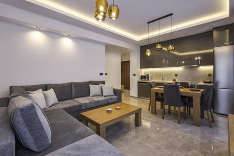 Kitchen or kitchenette, Living room, Seating area, Dining area
