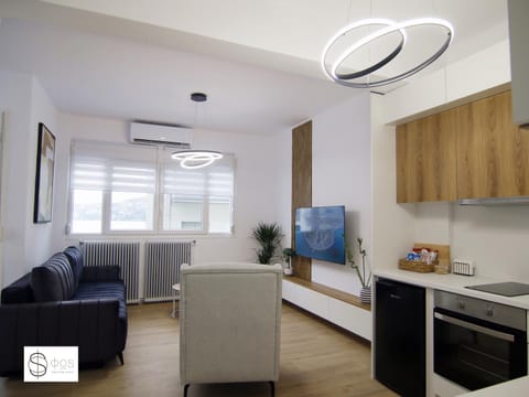 Kitchen or kitchenette, Living room, Seating area, Dining area, air conditioner