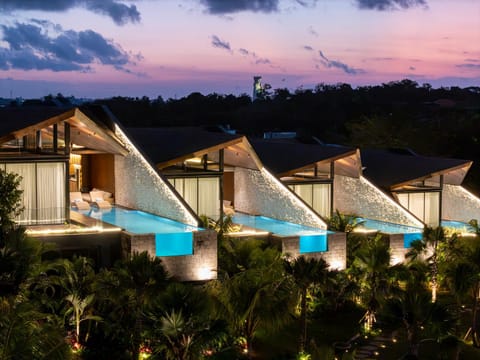 Property building, Patio, Night, Natural landscape, Pool view, Swimming pool, sunbed