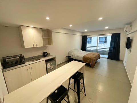 Bed, minibar, stove