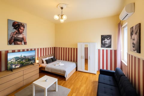 Bed, TV and multimedia, Living room, Photo of the whole room, Seating area, Bedroom, air conditioner
