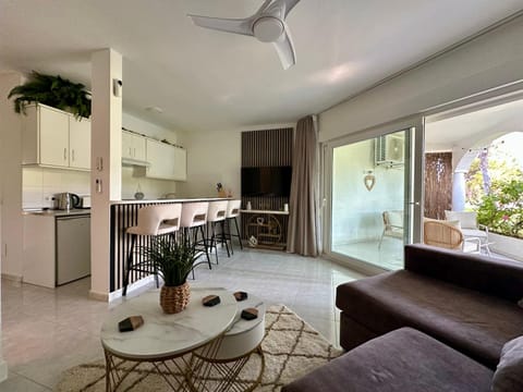 Kitchen or kitchenette, Living room, Seating area, Dining area, stove, air conditioner