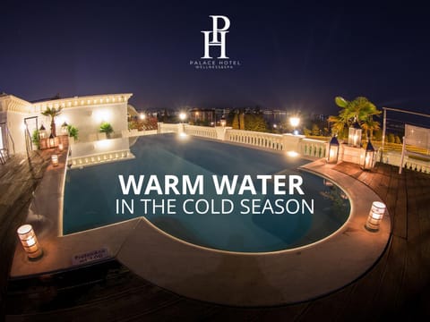 Night, Logo/Certificate/Sign, Text overlay, Pool view