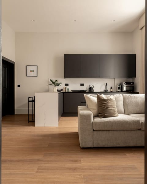 Kitchen or kitchenette, Living room, Seating area