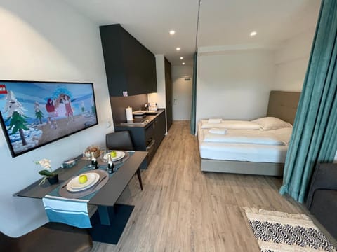 Bed, TV and multimedia, Kitchen or kitchenette, Living room, Photo of the whole room, Seating area, Dining area, Bedroom