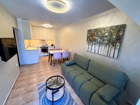 Kitchen or kitchenette, Living room, Seating area, Dining area