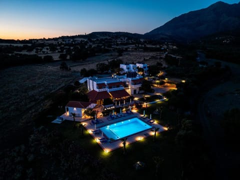 Property building, Night, Natural landscape, Bird's eye view, Mountain view, Pool view, Swimming pool, Sunset