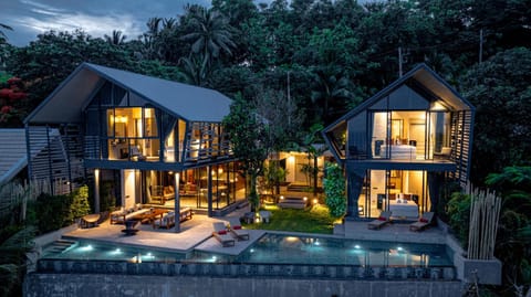 Property building, Patio, Night, Natural landscape, Bird's eye view, Pool view, Swimming pool, sunbed