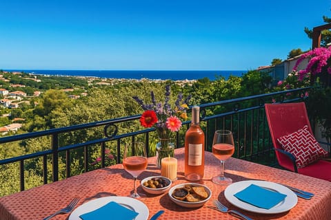 View (from property/room), Balcony/Terrace, Dining area, Mountain view, Sea view