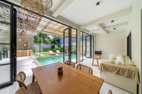 Patio, Living room, Seating area, Dining area, Pool view, Swimming pool, sunbed
