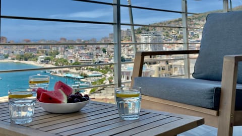 View (from property/room), Balcony/Terrace, Seating area, City view, Mountain view, Sea view
