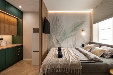 Bed, Kitchen or kitchenette, microwave, oven, stove, kitchen