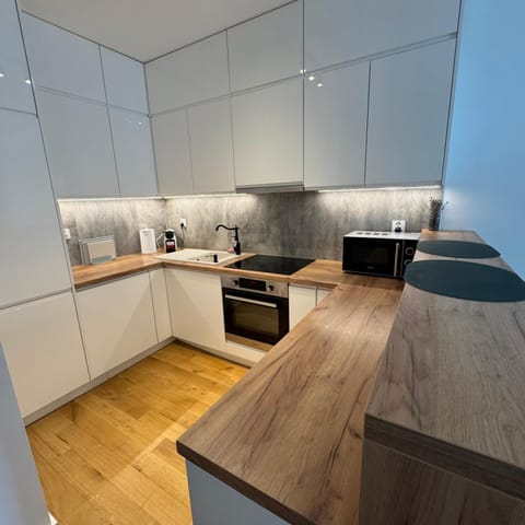Kitchen or kitchenette, stove