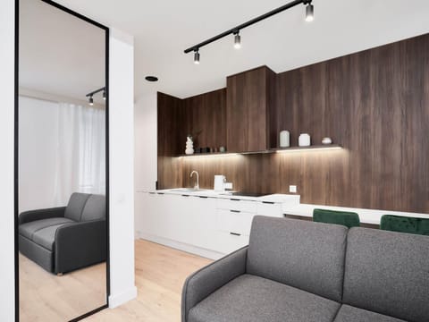 Kitchen or kitchenette, Living room, Seating area, Bedroom