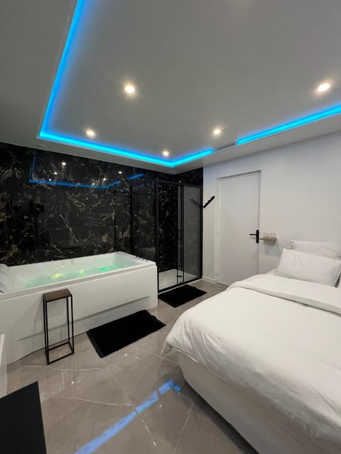 Shower, Bed, Hot Tub, Hot Tub, Photo of the whole room, Bedroom