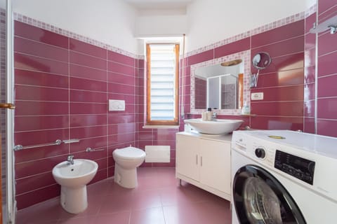 Shower, Toilet, Bathroom, bidet, towels, washing machine