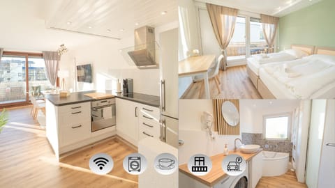Bed, Balcony/Terrace, Balcony/Terrace, Kitchen or kitchenette, Photo of the whole room, Bedroom, oven, stove, towels, wardrobe