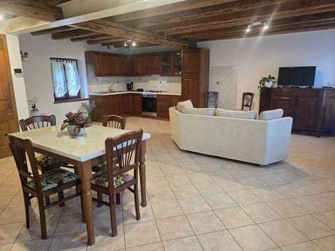 Kitchen or kitchenette, Living room, Seating area, Dining area, stove