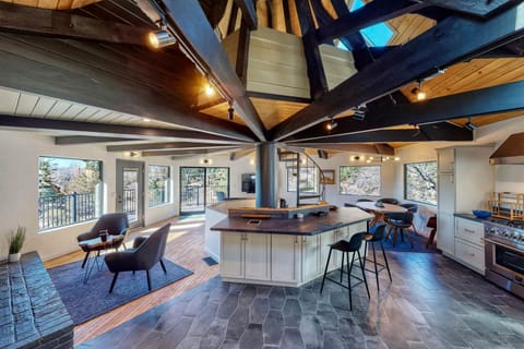 Kitchen or kitchenette, Living room, Dining area, Lake view, Lake view, fireplace